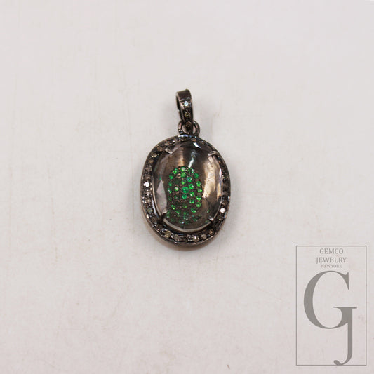 Beautiful Designer Rosecut Pave Diamond Pendant 925 Sterling Silver Handmade Finish Natural Oval Crystal Stone Center Stone  Diamond Jewelry