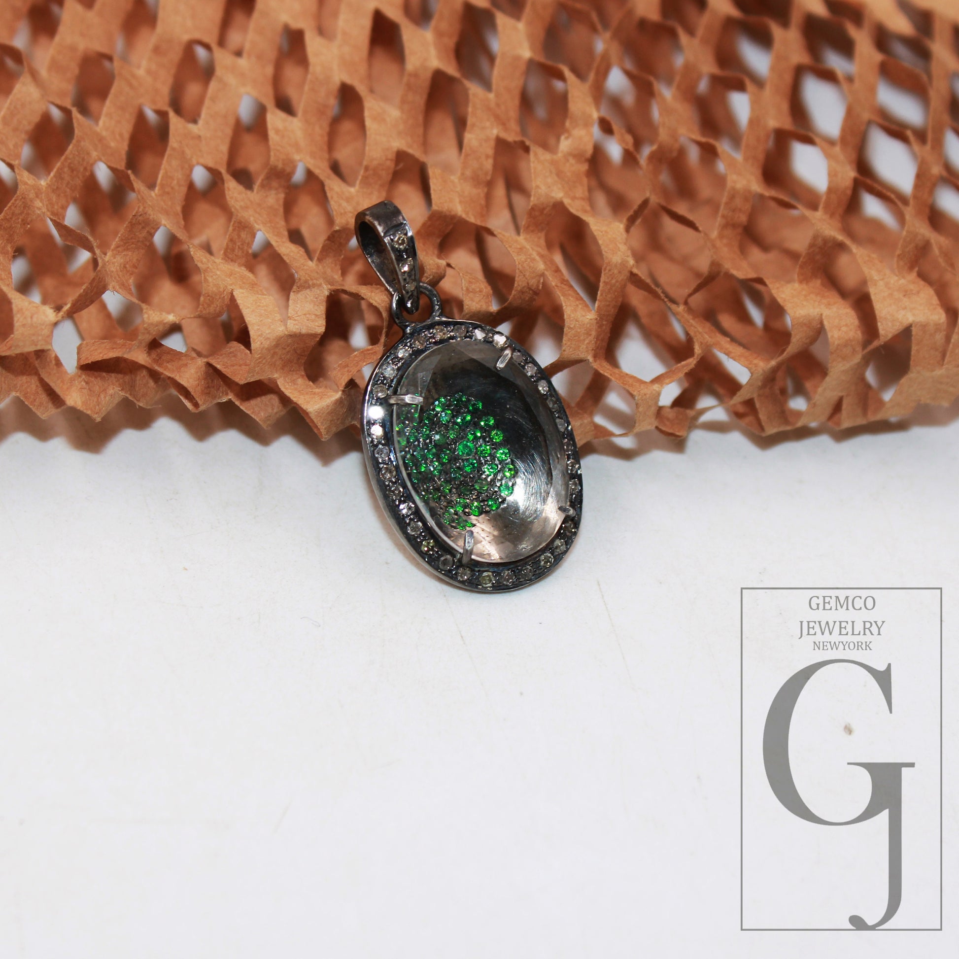 Beautiful Designer Rosecut Pave Diamond Pendant 925 Sterling Silver Handmade Finish Natural Oval Crystal Stone Center Stone  Diamond Jewelry