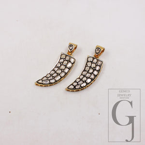 14k gold vermeil slice neutral diamond horn design polki pave diamond pendant 925 sterling silver handmade finish flat diamond charm jewelry