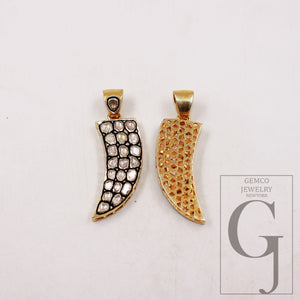 14k gold vermeil slice neutral diamond horn design polki pave diamond pendant 925 sterling silver handmade finish flat diamond charm jewelry