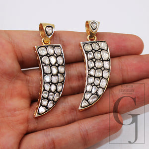 14k gold vermeil slice neutral diamond horn design polki pave diamond pendant 925 sterling silver handmade finish flat diamond charm jewelry