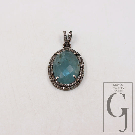 1pc Beautiful Designer Aquamarine Pendant Rosecut Pave Diamond Pendant 925 Sterling Silver Handmade Finish Diamond Charms Necklace Pendant
