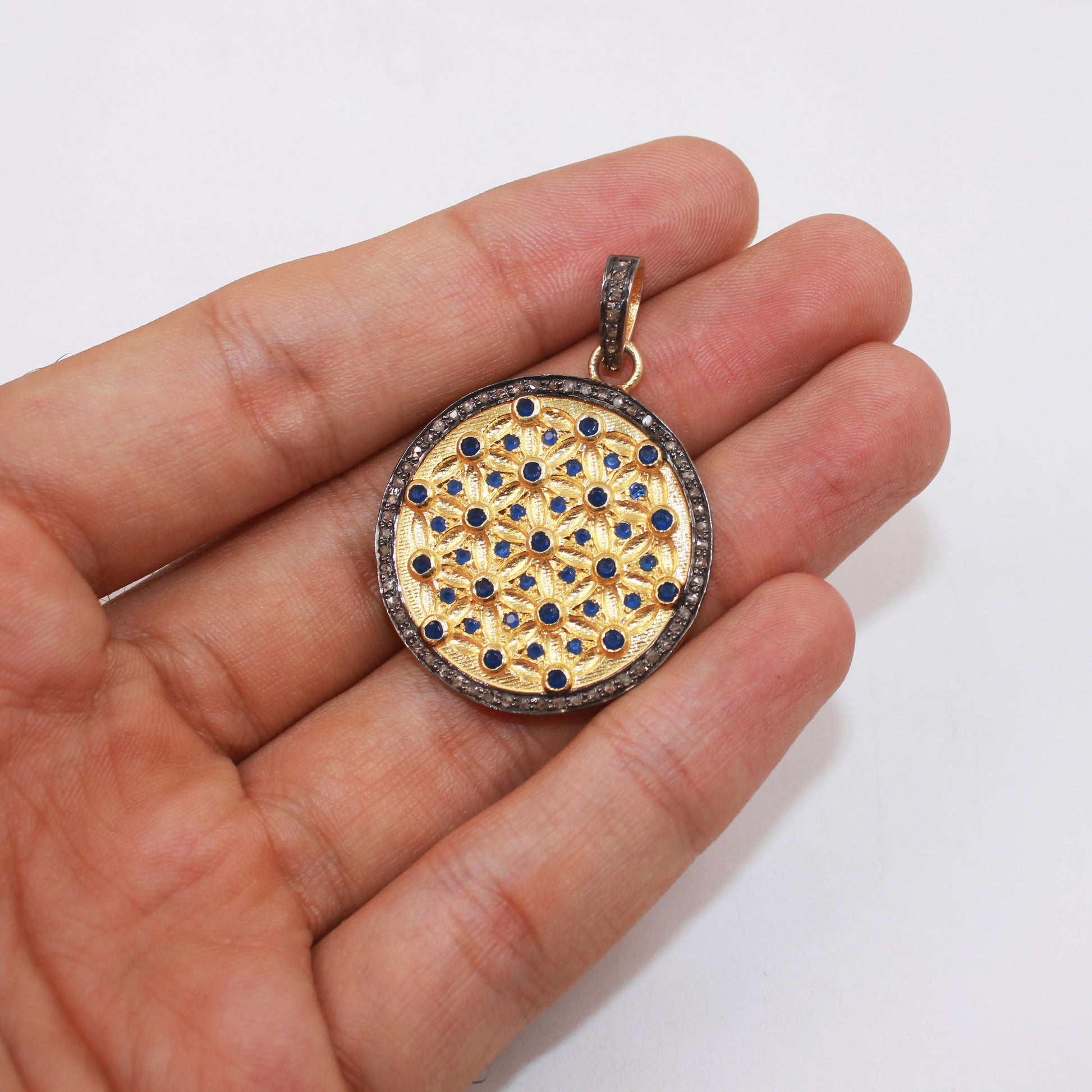 Vermeil gold Blue Sapphire pendant designer Rosecut pave diamond pendant 925 sterling silver handmade finish diamond pendant charm jewelry