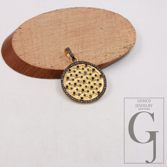 Vermeil gold Blue Sapphire pendant designer Rosecut pave diamond pendant 925 sterling silver handmade finish diamond pendant charm jewelry