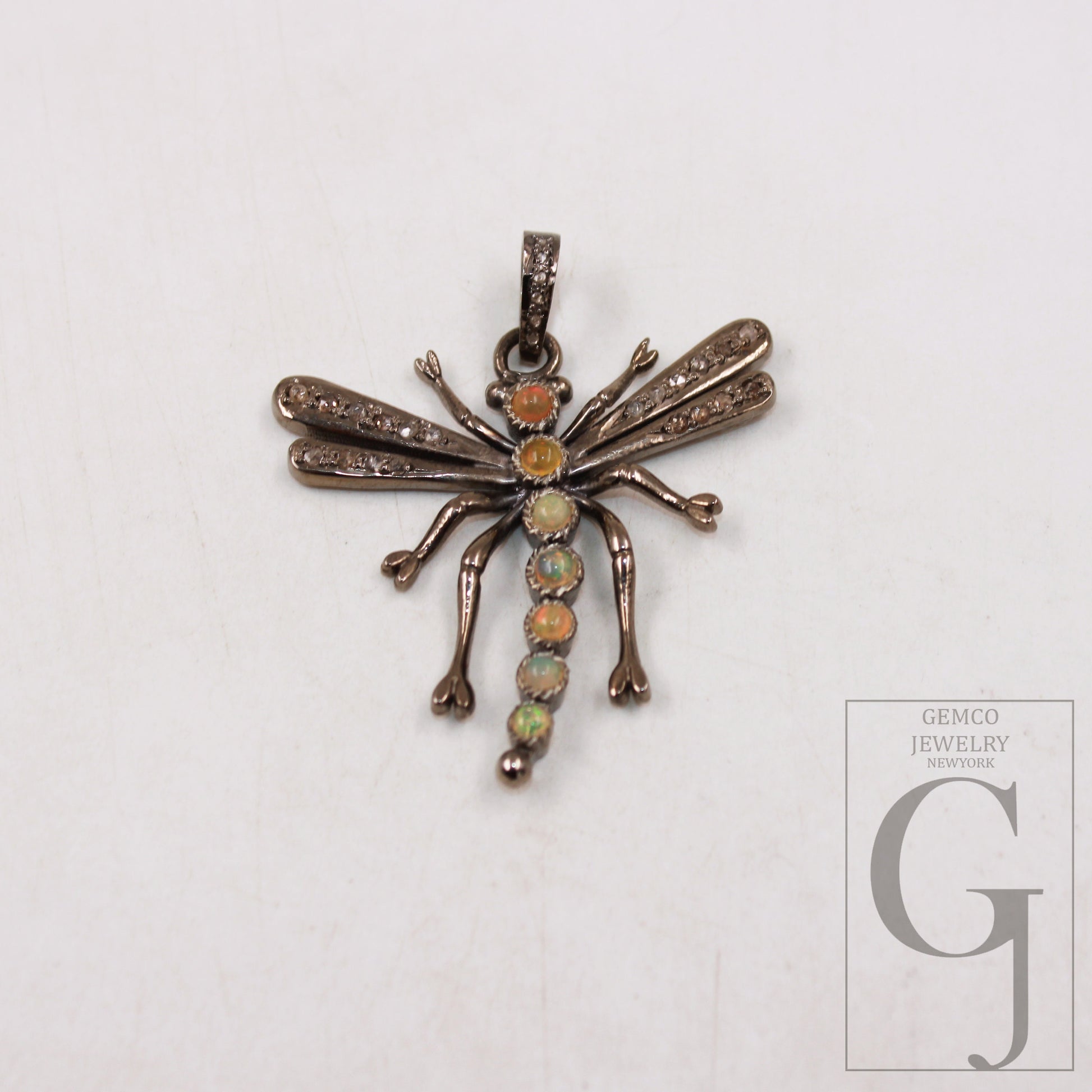 1pc Dragonfly designer opal pendant Rosecut pave diamond pendant 925 sterling silver handmade finish diamond charms necklace pendant jewelry