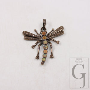 1pc Dragonfly designer opal pendant Rosecut pave diamond pendant 925 sterling silver handmade finish diamond charms necklace pendant jewelry