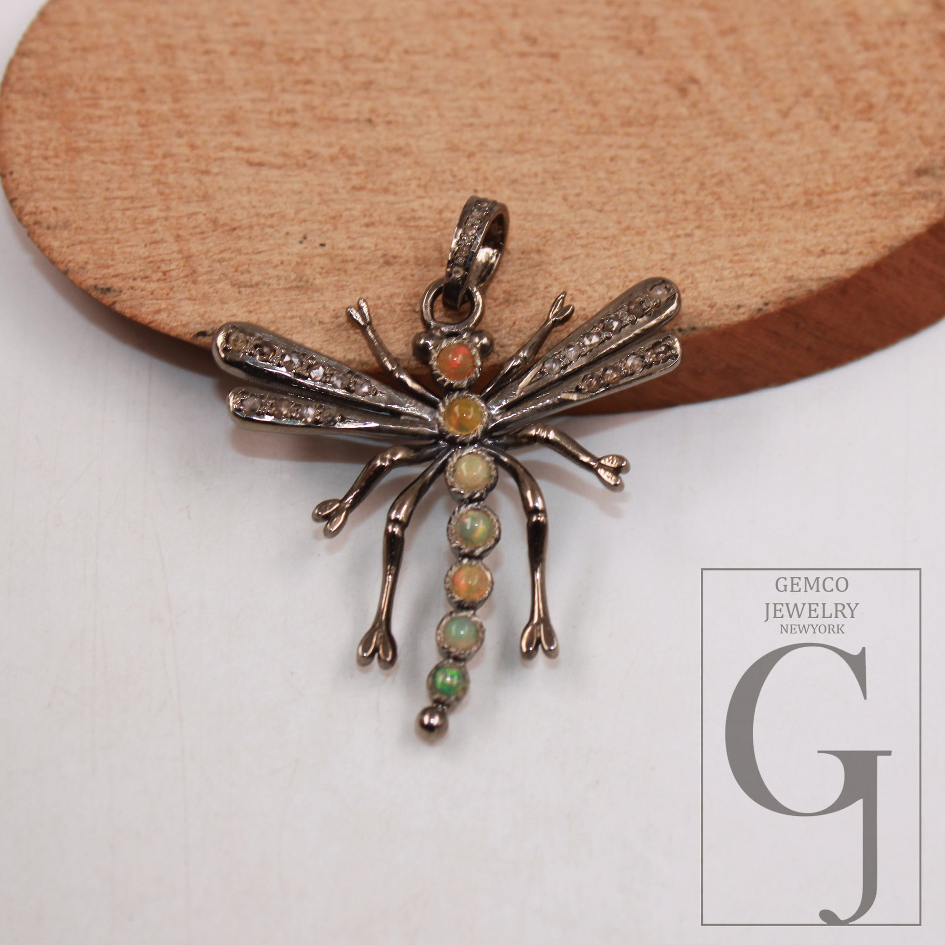 1pc Dragonfly designer opal pendant Rosecut pave diamond pendant 925 sterling silver handmade finish diamond charms necklace pendant jewelry