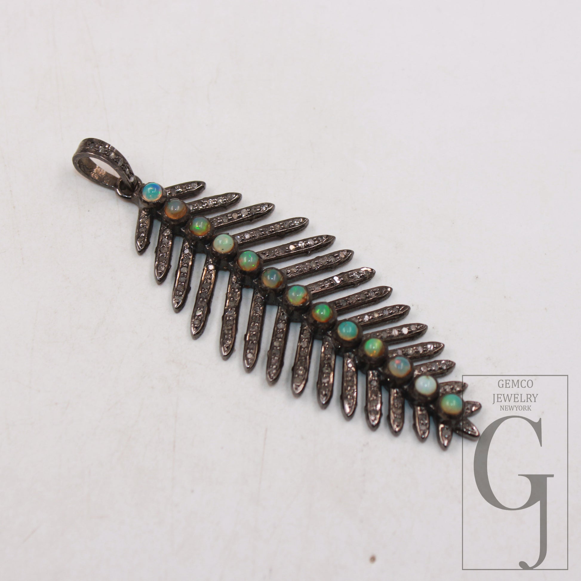 Oxidized Antique Leaf design Opal stone pendant Pave diamond rosecut pendant 925 sterling silver pendant handmade diamond pendant jewelry