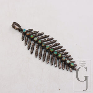 Oxidized Antique Leaf design Opal stone pendant Pave diamond rosecut pendant 925 sterling silver pendant handmade diamond pendant jewelry
