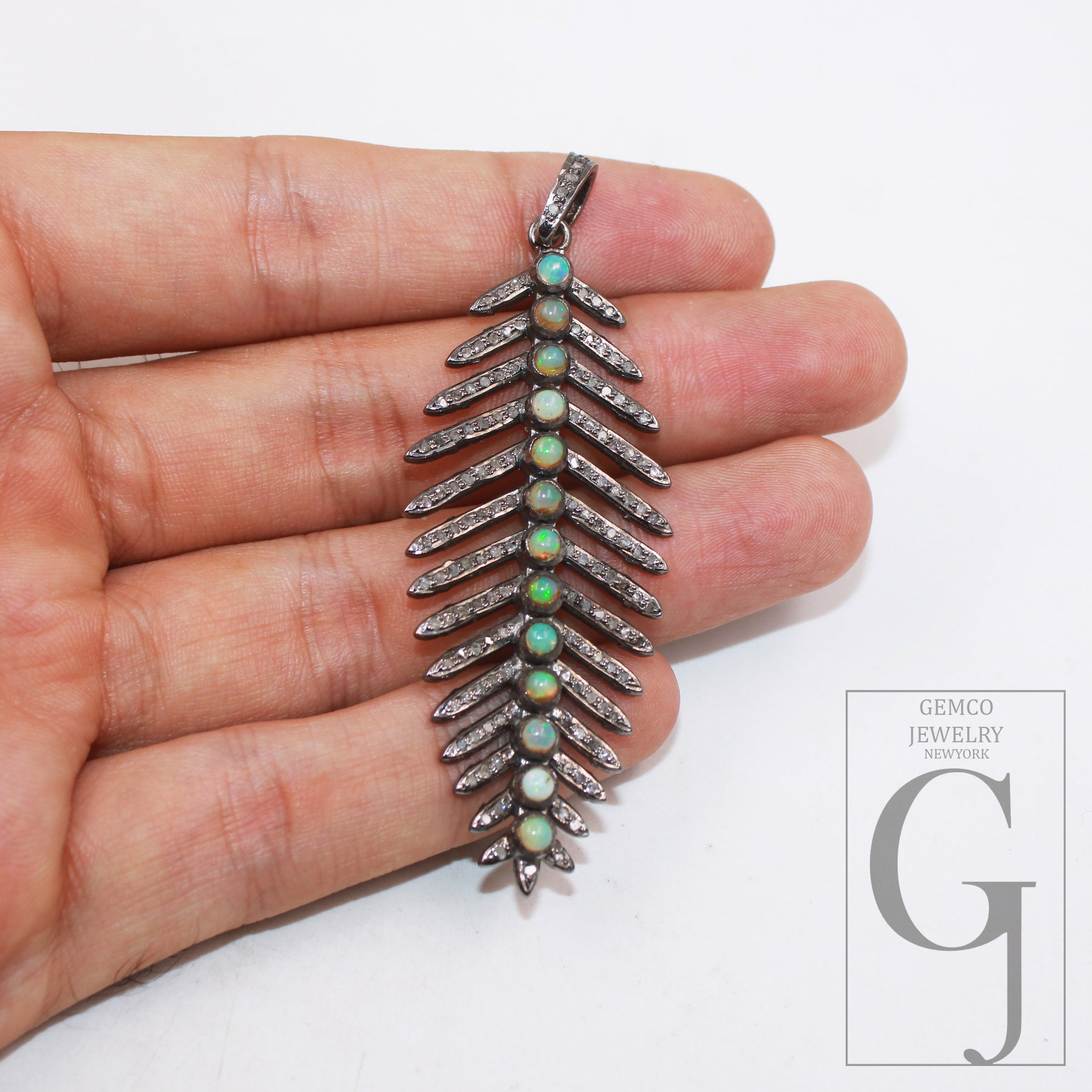 Oxidized Antique Leaf design Opal stone pendant Pave diamond rosecut pendant 925 sterling silver pendant handmade diamond pendant jewelry