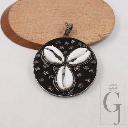 Designer cowrie enameling pendant diamond Rosecut pave diamond pendant 925 sterling silver handmade diamond necklace pendant jewlery