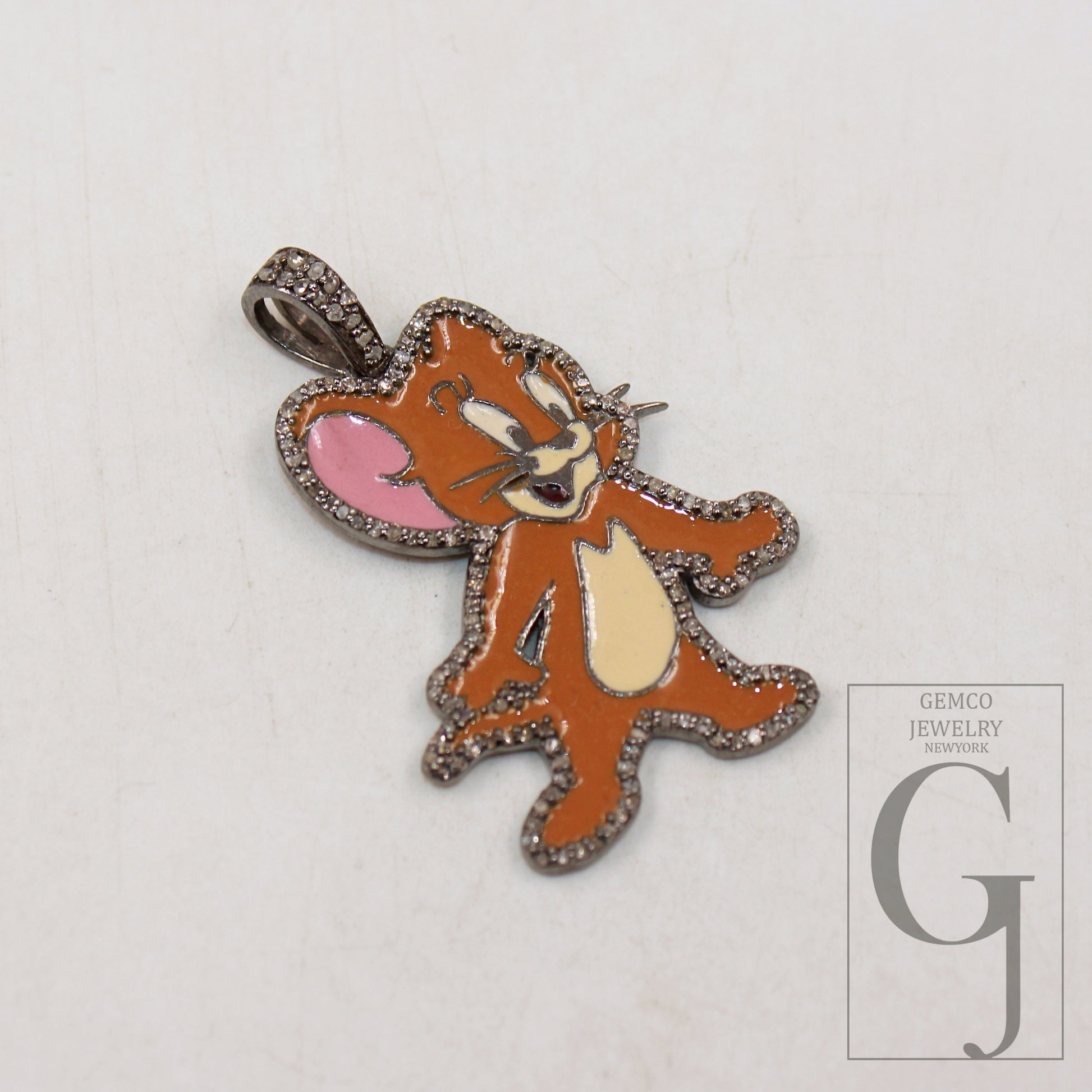 1pc Enameling TOM and Jerry pendant Rosecut pave diamond pendant sterling silver handmade finish diamond charm necklace Jerry Mouse pendant
