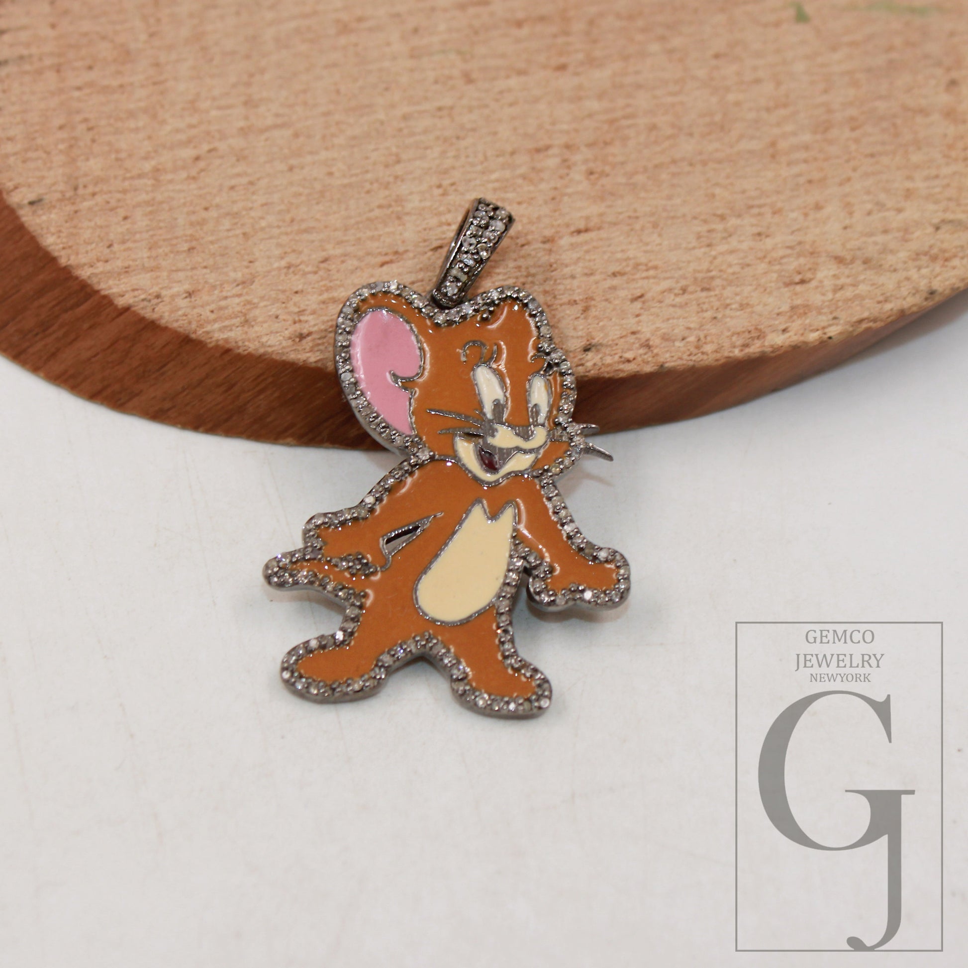 1pc Enameling TOM and Jerry pendant Rosecut pave diamond pendant sterling silver handmade finish diamond charm necklace Jerry Mouse pendant