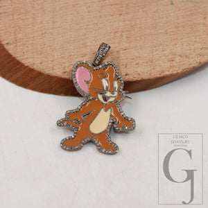 1pc Enameling TOM and Jerry pendant Rosecut pave diamond pendant sterling silver handmade finish diamond charm necklace Jerry Mouse pendant