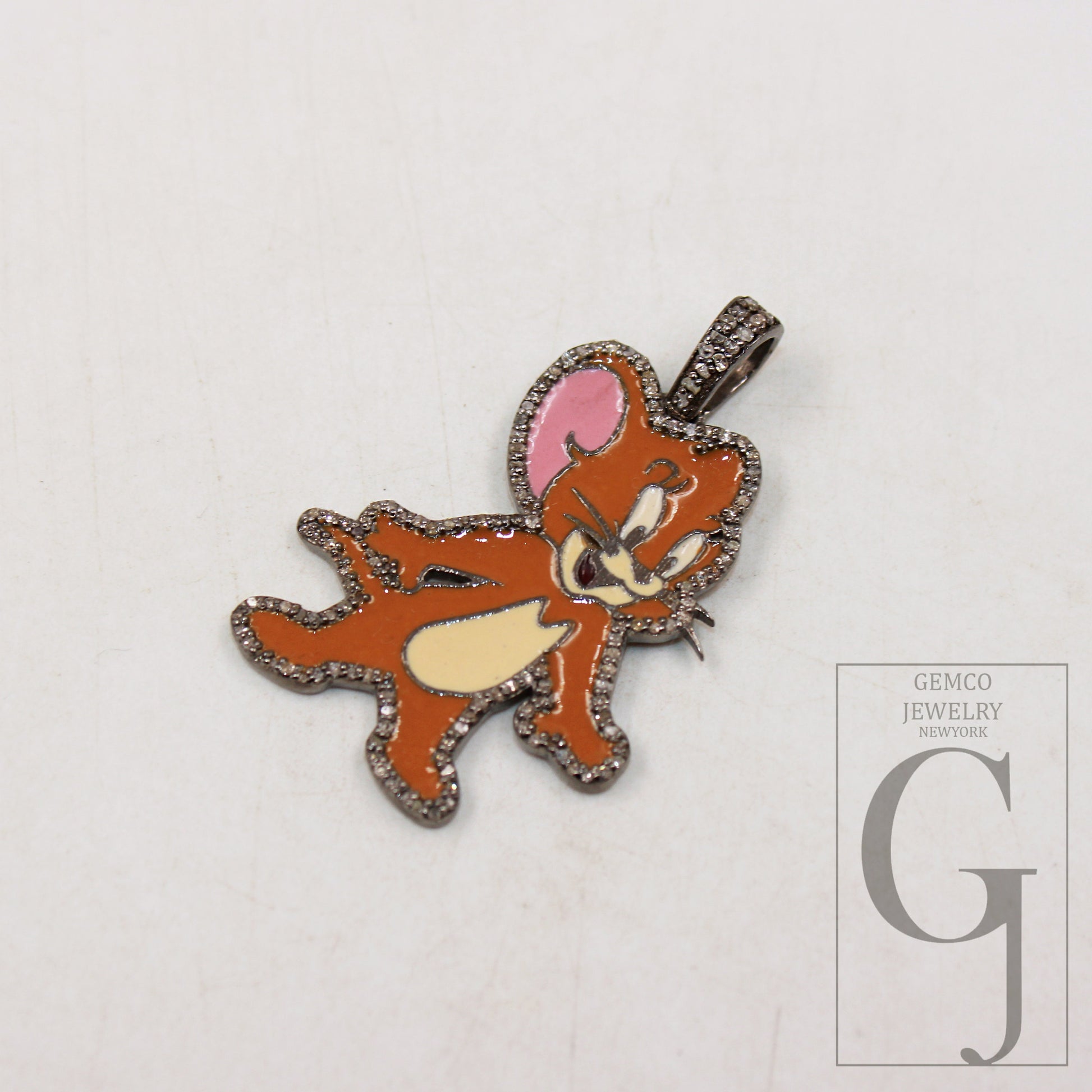 1pc Enameling TOM and Jerry pendant Rosecut pave diamond pendant sterling silver handmade finish diamond charm necklace Jerry Mouse pendant