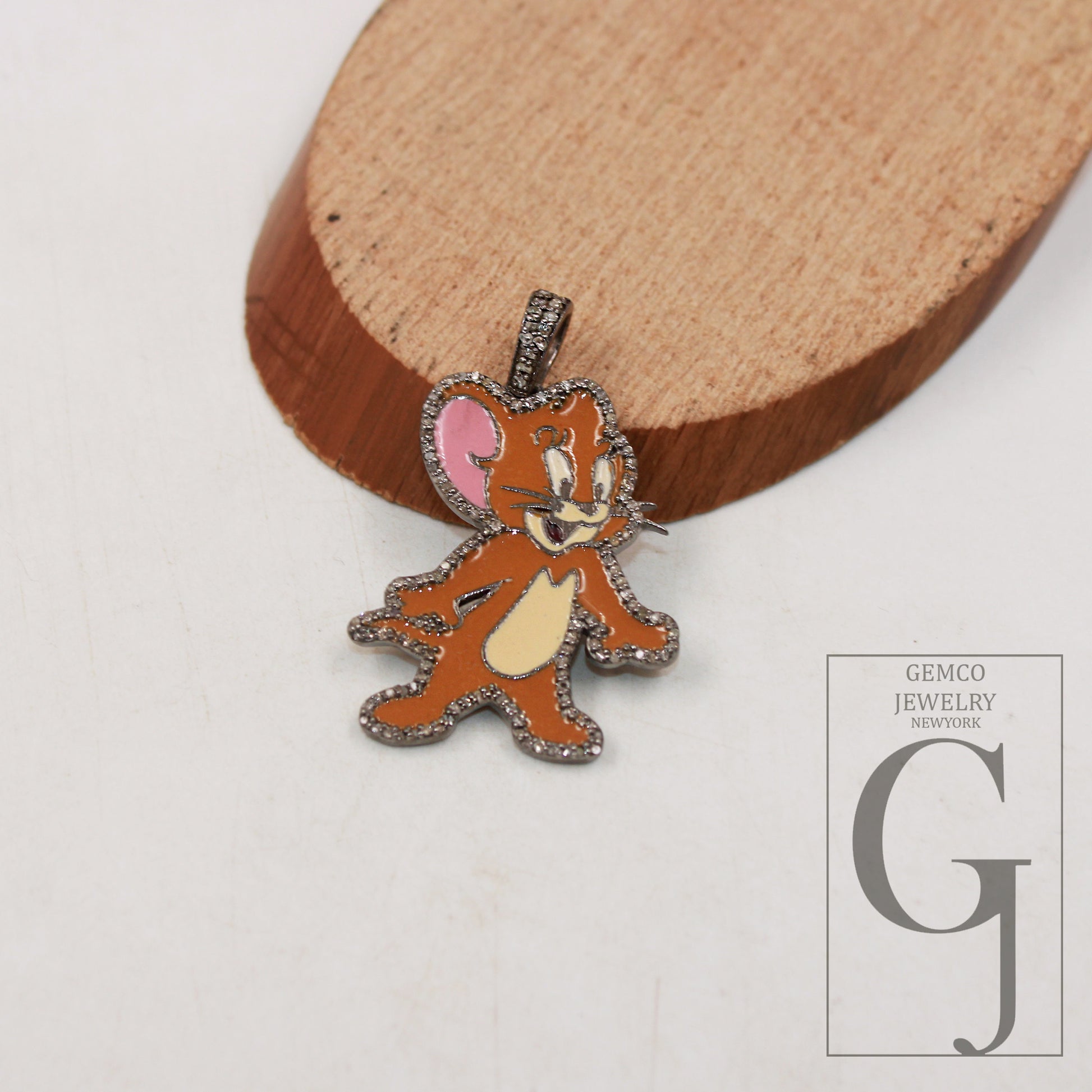 1pc Enameling TOM and Jerry pendant Rosecut pave diamond pendant sterling silver handmade finish diamond charm necklace Jerry Mouse pendant