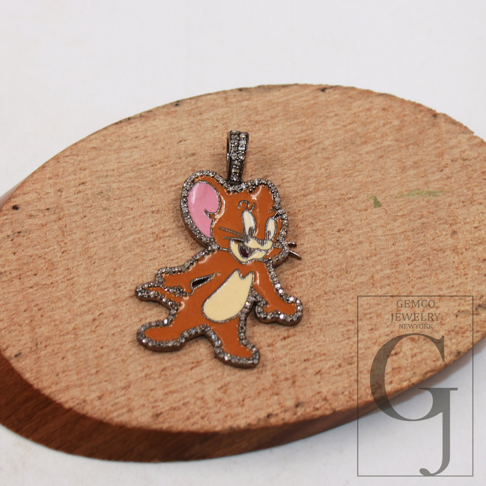 1pc Enameling TOM and Jerry pendant Rosecut pave diamond pendant sterling silver handmade finish diamond charm necklace Jerry Mouse pendant
