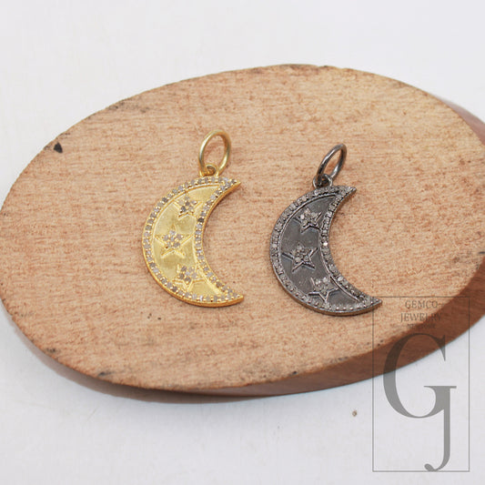 Crescent moon star pendant designer Rosecut pave diamond pendant 925 sterling silver handmade finish diamond charm necklace pendant jewelry