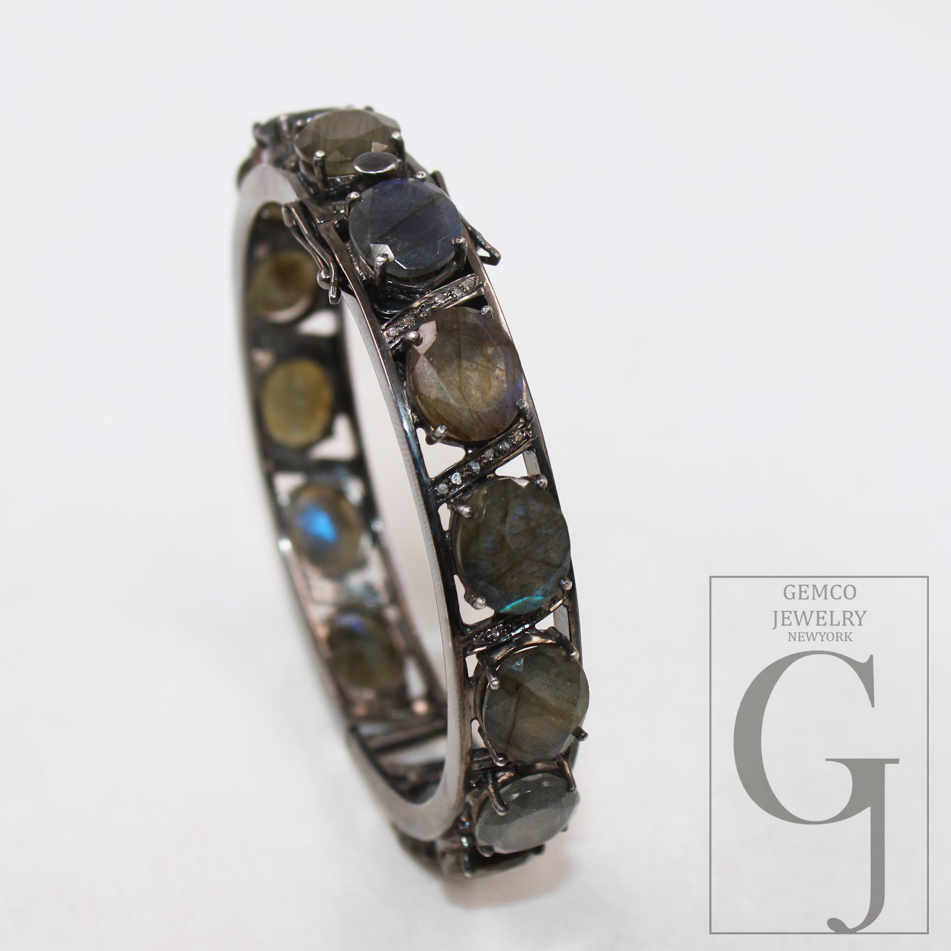 Antique look labradorite gemstone bangle Rosecut pave diamond bangle 925 sterling silver handmade finish diamond bangle pave diamond jewelry