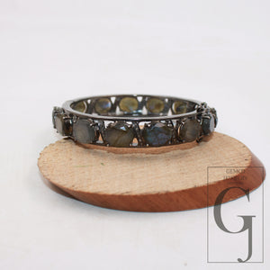 Antique look labradorite gemstone bangle Rosecut pave diamond bangle 925 sterling silver handmade finish diamond bangle pave diamond jewelry