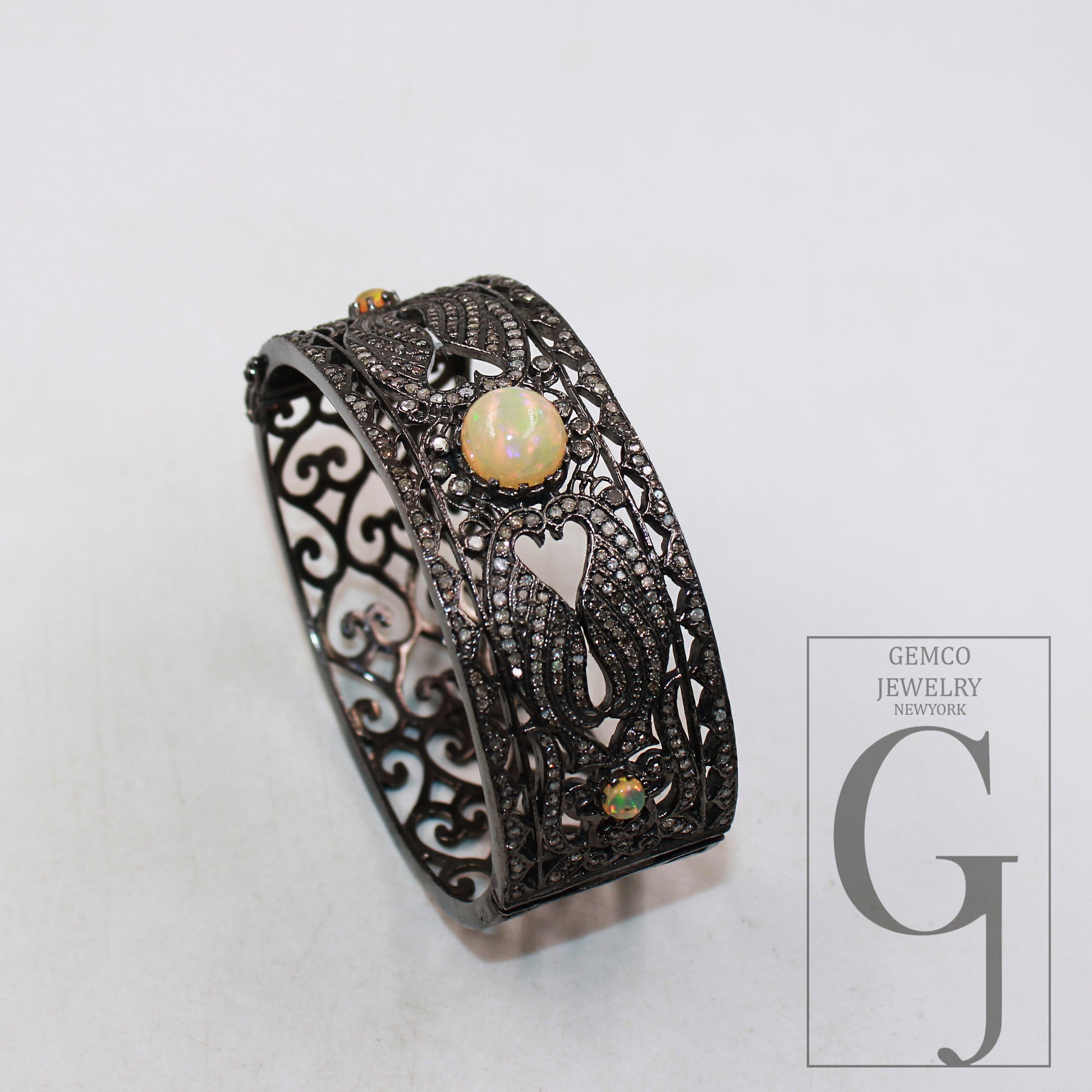 Antique oxidized finish Opal bangle Rosecut pave diamond bangle bracelet 925 sterling silver handmade finish diamond bangle bracelet jewelry