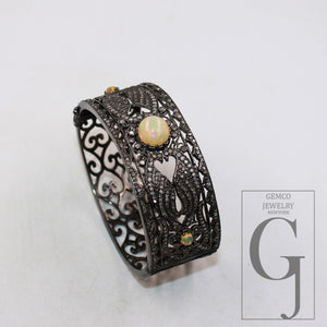 Antique oxidized finish Opal bangle Rosecut pave diamond bangle bracelet 925 sterling silver handmade finish diamond bangle bracelet jewelry
