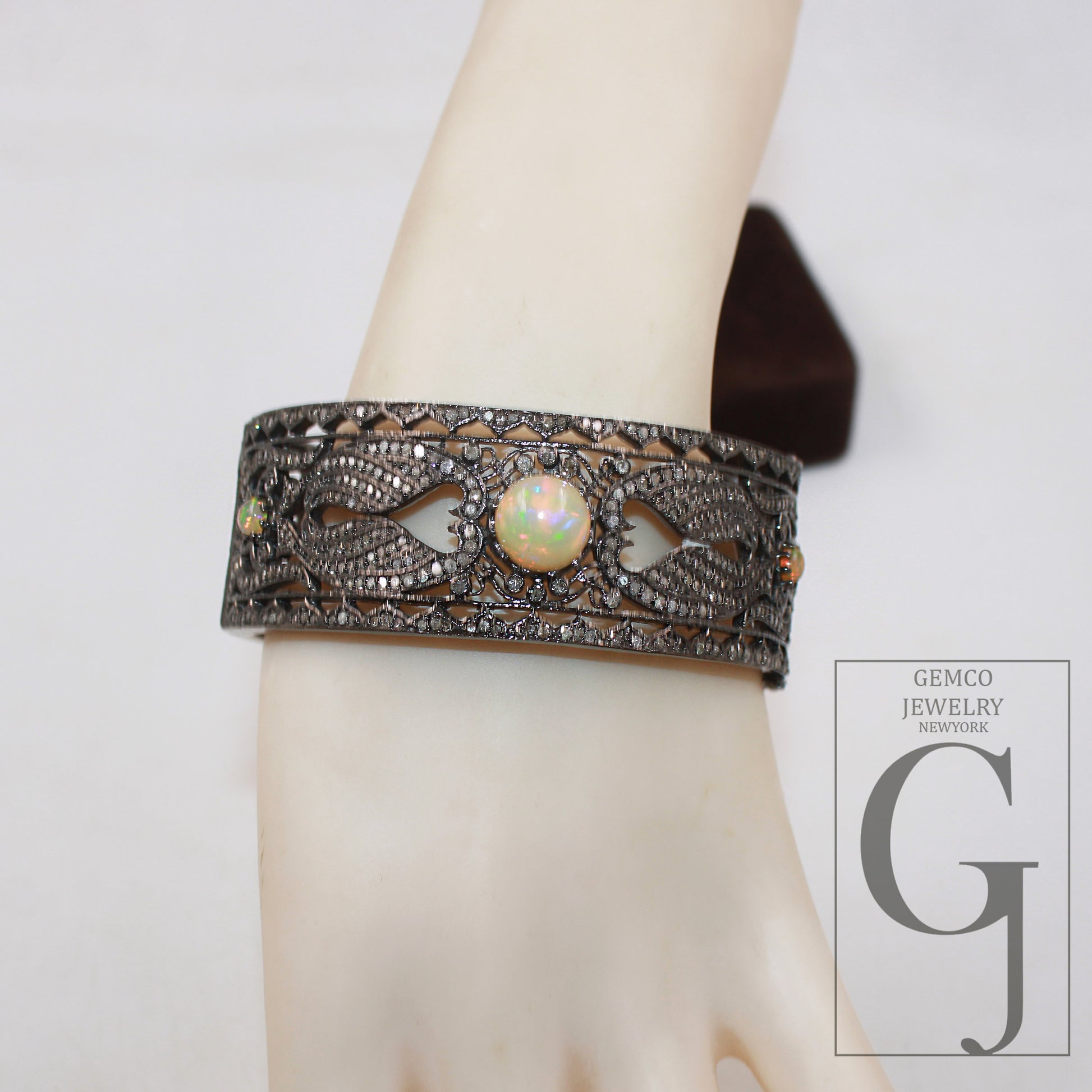 Antique oxidized finish Opal bangle Rosecut pave diamond bangle bracelet 925 sterling silver handmade finish diamond bangle bracelet jewelry