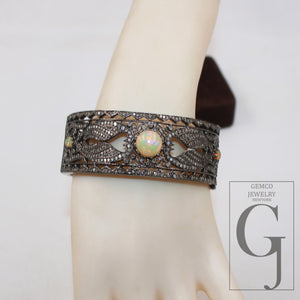 Antique oxidized finish Opal bangle Rosecut pave diamond bangle bracelet 925 sterling silver handmade finish diamond bangle bracelet jewelry