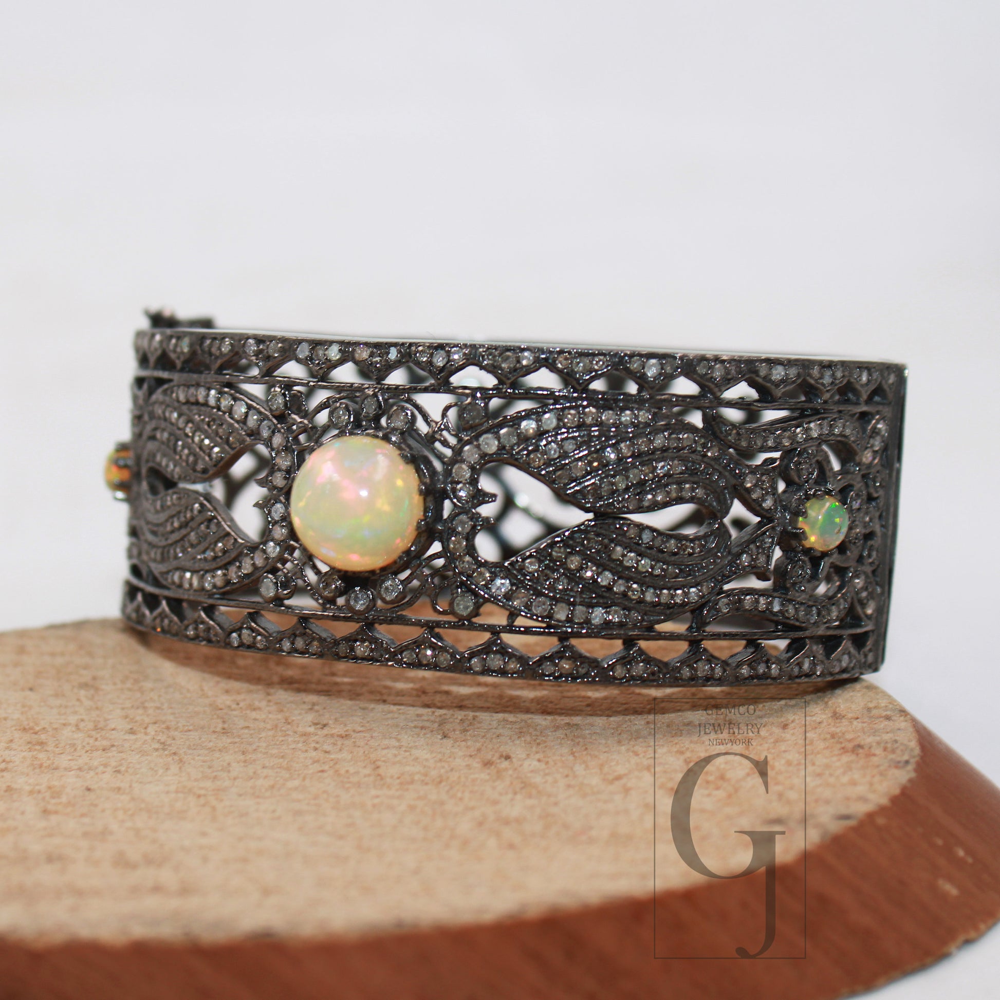 Antique oxidized finish Opal bangle Rosecut pave diamond bangle bracelet 925 sterling silver handmade finish diamond bangle bracelet jewelry
