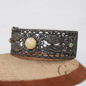 Antique oxidized finish Opal bangle Rosecut pave diamond bangle bracelet 925 sterling silver handmade finish diamond bangle bracelet jewelry