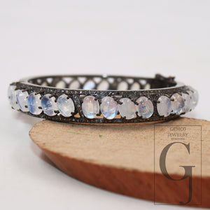 Beautiful designer rainbow moonstone bangle Rosecut pave diamond bangle bracelet sterling silver handmade finish diamond bangle jewelry