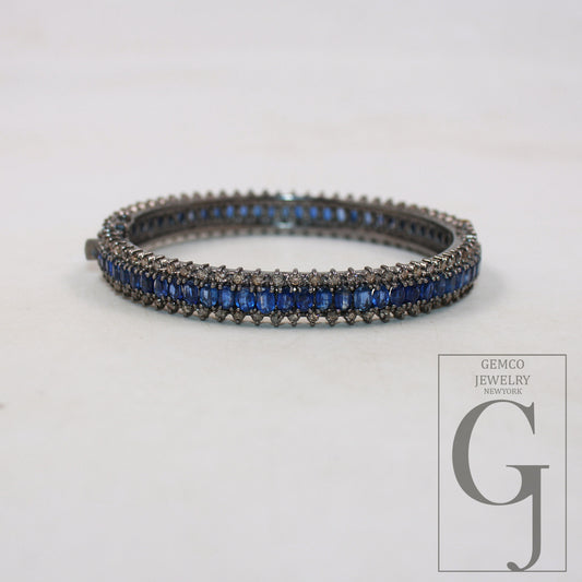 Antique oxidized look Kyanite bangle Rosecut pave diamond bracelet 925 sterling silver handmade finish diamond bangle bracelet jewelry