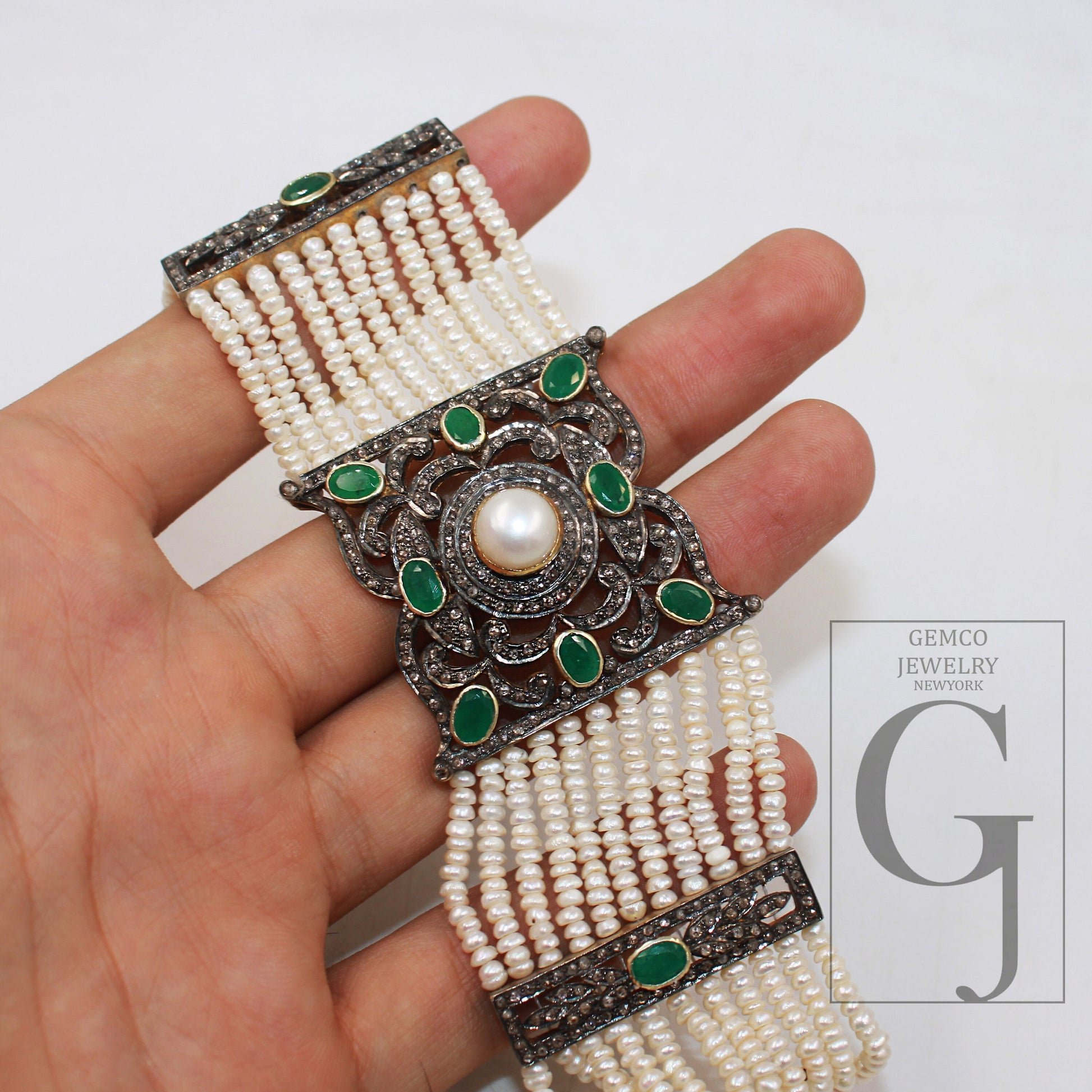 Vermeil gold emerald pearl bracelet designer Rosecut pave diamond bracelet 925 sterling silver handmade finish diamond bracelet jewelry