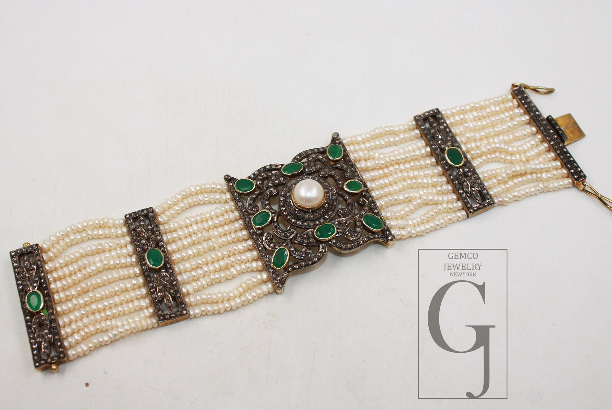 Vermeil gold emerald pearl bracelet designer Rosecut pave diamond bracelet 925 sterling silver handmade finish diamond bracelet jewelry