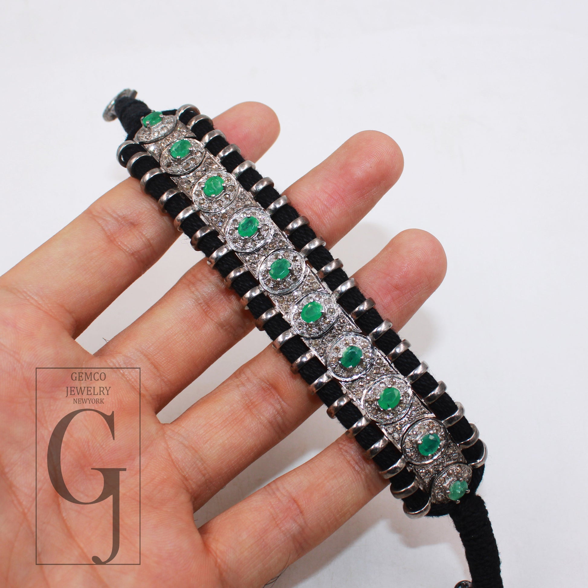 Green emerald design thread bracelet Rosecut pave diamond thread bangle bracelet 925 sterling silver handmade finish bangle macrame bracelet