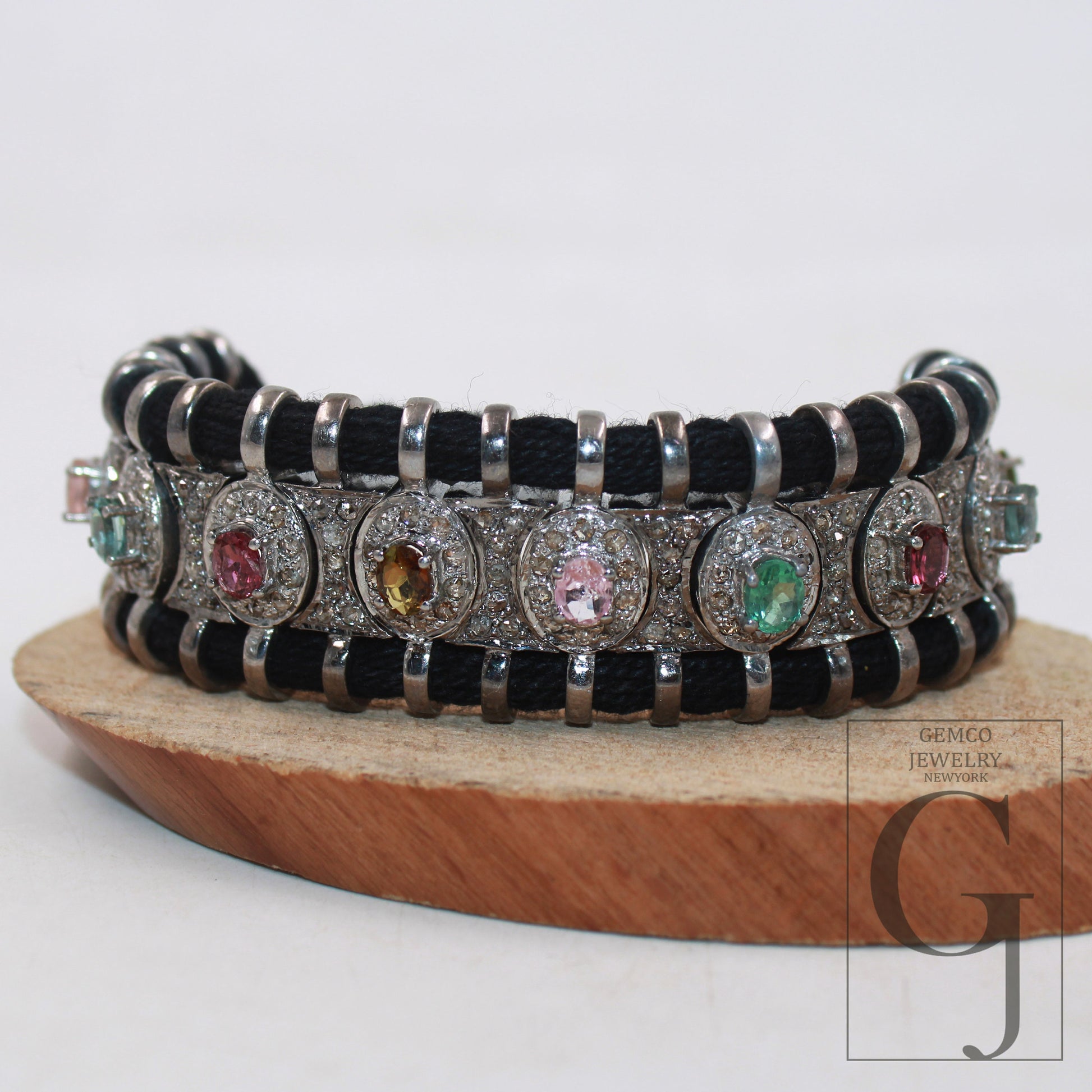 1pc Multi tourmaline design thread bracelet Rosecut pave diamond thread bangle bracelet 925 silver handmade finish bangle macrame bracelet