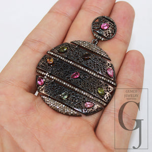 Antique tourmaline pendant Rosecut pave diamond pendant sterling silver handmade finish diamond jewelry necklace pendant jewelry charms