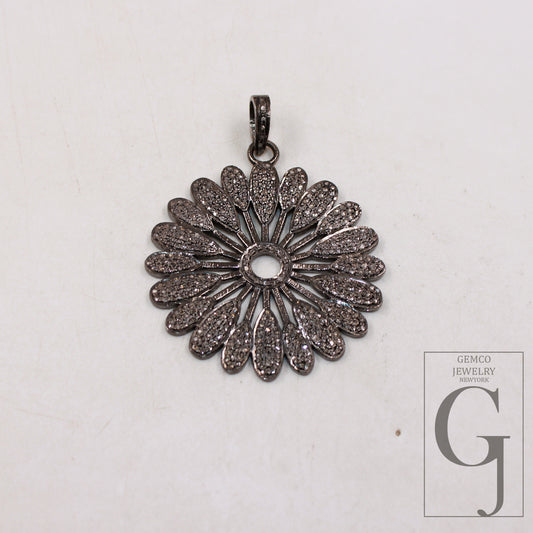 1pc Oxidized Finish Flower Designer Rosecut Pave Diamond Pendant 925 Sterling Silver Handmade Finish Diamond Pendant Jewelry With Video