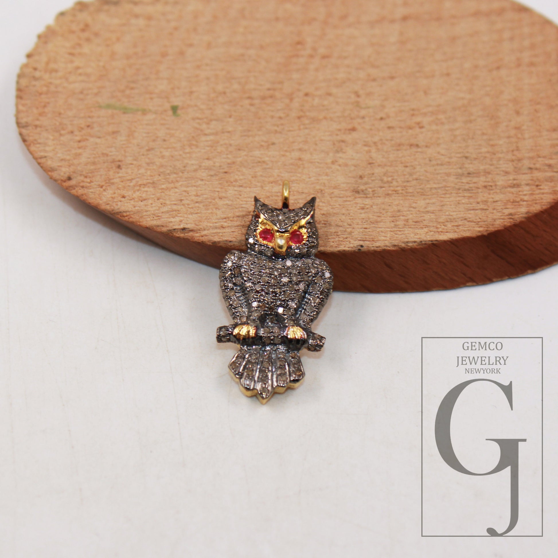 1pc animal figure golden owl shaped pendant Pave diamond rosecut pendant 925 sterling silver pendant handmade diamond pendant charm jewelry