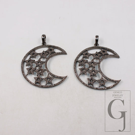 1pc Antique Crescent moon pendant designer Rosecut pave diamond pendant 925 sterling silver handmade finish diamond pendant star jewelry