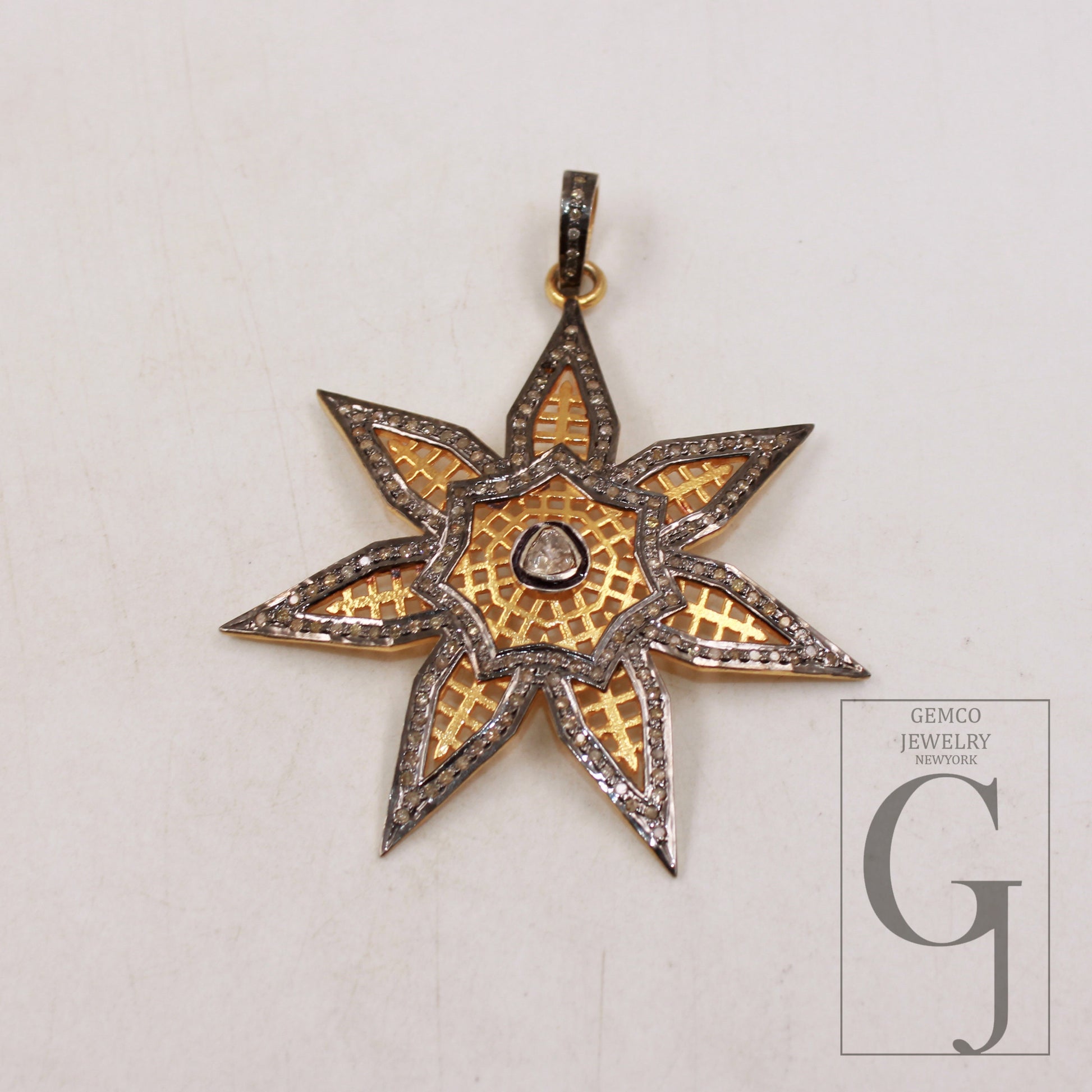 14k gold finish Starburst pendant designer Rosecut pave diamond pendant sterling silver handmade finish flat diamond jewelry polki pendant