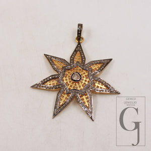 14k gold finish Starburst pendant designer Rosecut pave diamond pendant sterling silver handmade finish flat diamond jewelry polki pendant