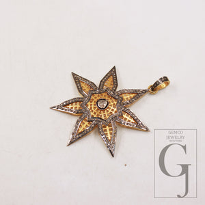 14k gold finish Starburst pendant designer Rosecut pave diamond pendant sterling silver handmade finish flat diamond jewelry polki pendant