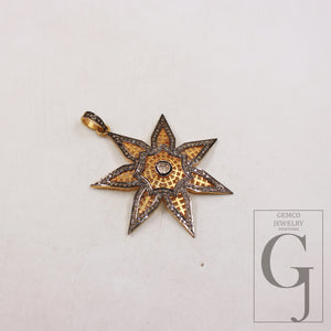 14k gold finish Starburst pendant designer Rosecut pave diamond pendant sterling silver handmade finish flat diamond jewelry polki pendant