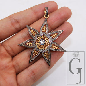 14k gold finish Starburst pendant designer Rosecut pave diamond pendant sterling silver handmade finish flat diamond jewelry polki pendant