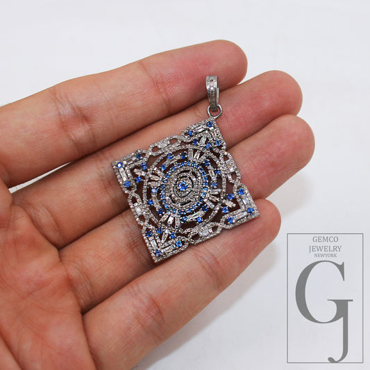 Blue sapphire pendant baguette diamond pendant Rosecut pave diamond pendant sterling silver handmade finish design diamond pendant jewelry