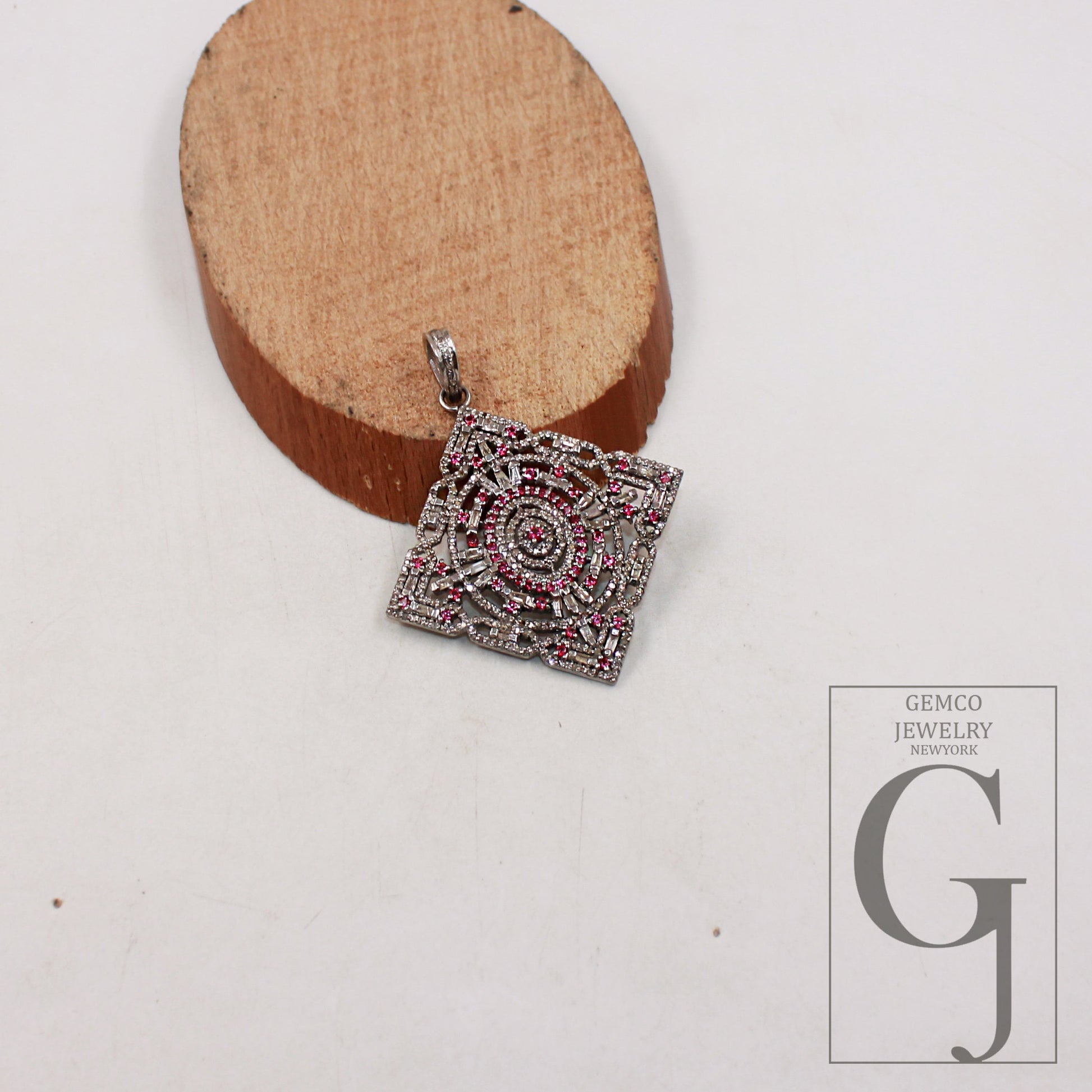 Pink sapphire pendant baguette diamond pendant Rosecut pave diamond pendant sterling silver handmade finish design diamond pendant jewelry