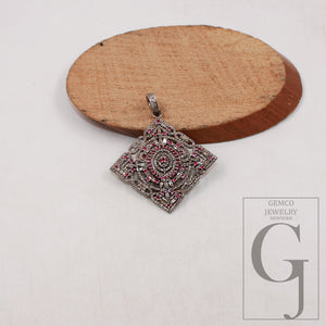 Pink sapphire pendant baguette diamond pendant Rosecut pave diamond pendant sterling silver handmade finish design diamond pendant jewelry