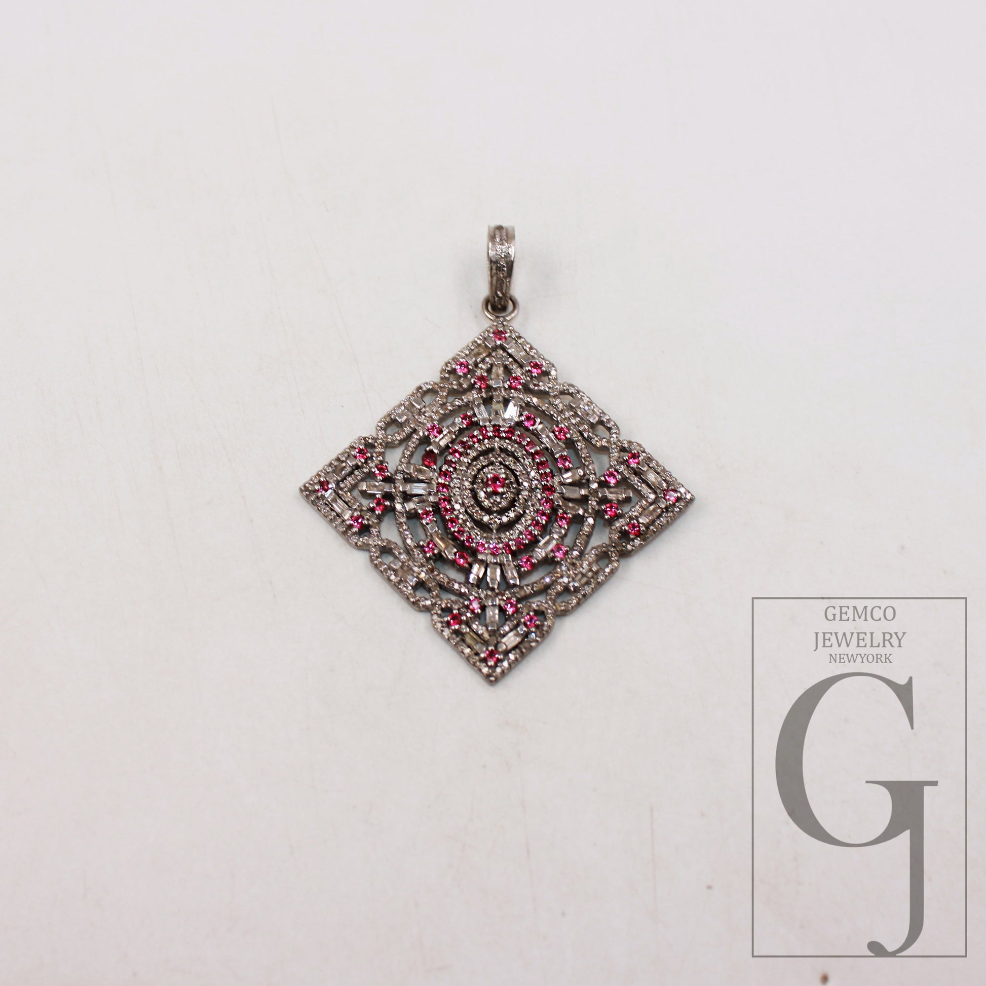 Pink sapphire pendant baguette diamond pendant Rosecut pave diamond pendant sterling silver handmade finish design diamond pendant jewelry