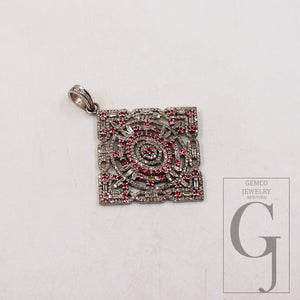 Pink sapphire pendant baguette diamond pendant Rosecut pave diamond pendant sterling silver handmade finish design diamond pendant jewelry